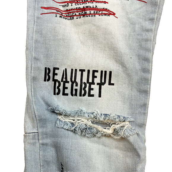 Crysp Denim Jeans Men’s 30 Blue Skinny Distressed Graphic Script Streetwear - Picture 6 of 16